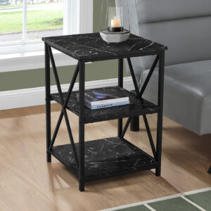 Accent Table, Side, End, Nightstand, Lamp, Living Room, Bedroom, Black Marble Look Laminate, Black Metal, Contemporary, Modern