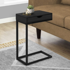 Accent Table, C-shaped, End, Side, Snack, Storage Drawer, Living Room, Bedroom, Black Laminate, Black Metal, Contemporary, Modern