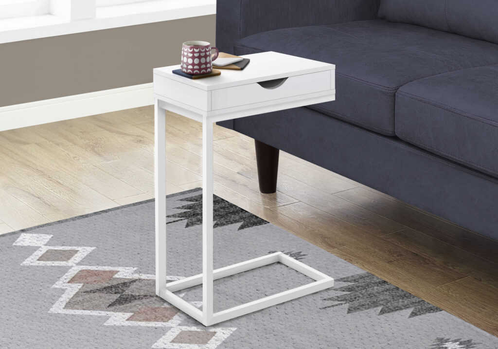 Accent Table, C-shaped, End, Side, Snack, Storage Drawer, Living Room, Bedroom, White Laminate, White Metal, Contemporary, Modern