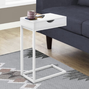 Accent Table, C-shaped, End, Side, Snack, Storage Drawer, Living Room, Bedroom, White Laminate, White Metal, Contemporary, Modern