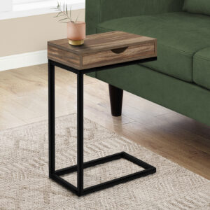 Accent Table, C-shaped, End, Side, Snack, Storage Drawer, Living Room, Bedroom, Brown Laminate, Black Metal, Contemporary, Modern