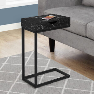 Accent Table, C-shaped, End, Side, Snack, Storage Drawer, Living Room, Bedroom, Black Marble Look Laminate, Black Metal, Contemporary, Modern
