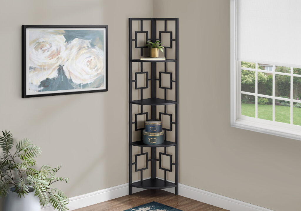 Bookshelf, Bookcase, Etagere, Corner, 4 Tier, 62″H, Office, Bedroom, Black Laminate, Black Metal, Contemporary, Modern