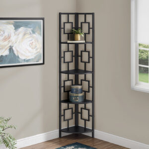 Bookshelf, Bookcase, Etagere, Corner, 4 Tier, 62"H, Office, Bedroom, Black Laminate, Black Metal, Contemporary, Modern