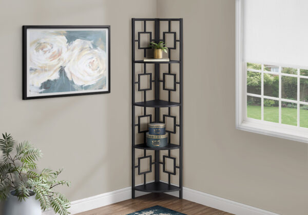 Bookshelf, Bookcase, Etagere, Corner, 4 Tier, 62″H, Office, Bedroom, Black Laminate, Black Metal, Contemporary, Modern