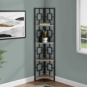 Bookshelf, Bookcase, Etagere, Corner, 4 Tier, 62"H, Office, Bedroom, Brown Laminate, Black Metal, Contemporary, Modern