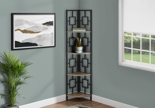 Bookshelf, Bookcase, Etagere, Corner, 4 Tier, 62″H, Office, Bedroom, Brown Laminate, Black Metal, Contemporary, Modern