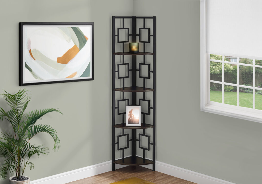 Bookshelf, Bookcase, Etagere, Corner, 4 Tier, 62″H, Office, Bedroom, Brown Laminate, Black Metal, Contemporary, Modern