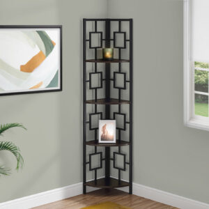 Bookshelf, Bookcase, Etagere, Corner, 4 Tier, 62"H, Office, Bedroom, Brown Laminate, Black Metal, Contemporary, Modern