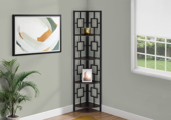 Bookshelf, Bookcase, Etagere, Corner, 4 Tier, 62″H, Office, Bedroom, Brown Laminate, Black Metal, Contemporary, Modern