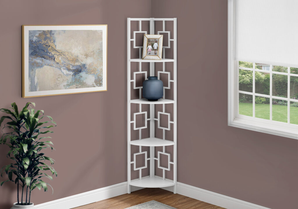 Bookshelf, Bookcase, Etagere, Corner, 4 Tier, 62″H, Office, Bedroom, White Laminate, White Metal, Contemporary, Modern