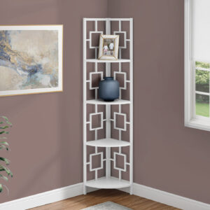 Bookshelf, Bookcase, Etagere, Corner, 4 Tier, 62"H, Office, Bedroom, White Laminate, White Metal, Contemporary, Modern