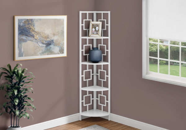 Bookshelf, Bookcase, Etagere, Corner, 4 Tier, 62″H, Office, Bedroom, White Laminate, White Metal, Contemporary, Modern