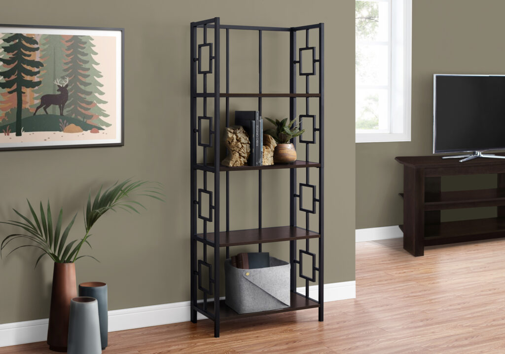 Bookshelf, Bookcase, Etagere, 4 Tier, 62″H, Office, Bedroom, Brown Laminate, Black Metal, Contemporary, Modern