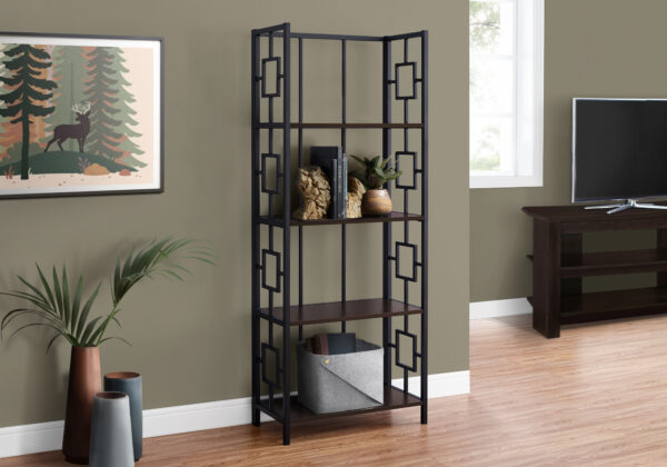 Bookshelf, Bookcase, Etagere, 4 Tier, 62″H, Office, Bedroom, Brown Laminate, Black Metal, Contemporary, Modern