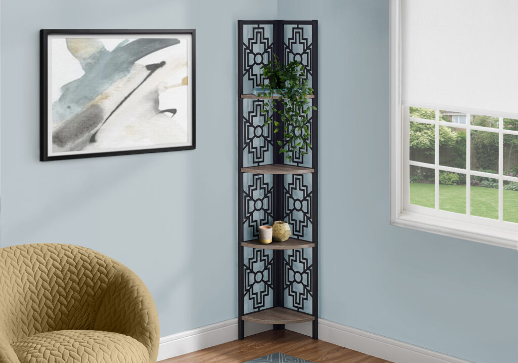 Bookshelf, Bookcase, Etagere, Corner, 4 Tier, 62″H, Office, Bedroom, Brown Laminate, Black Metal, Transitional
