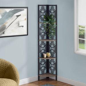 Bookshelf, Bookcase, Etagere, Corner, 4 Tier, 62"H, Office, Bedroom, Brown Laminate, Black Metal, Transitional