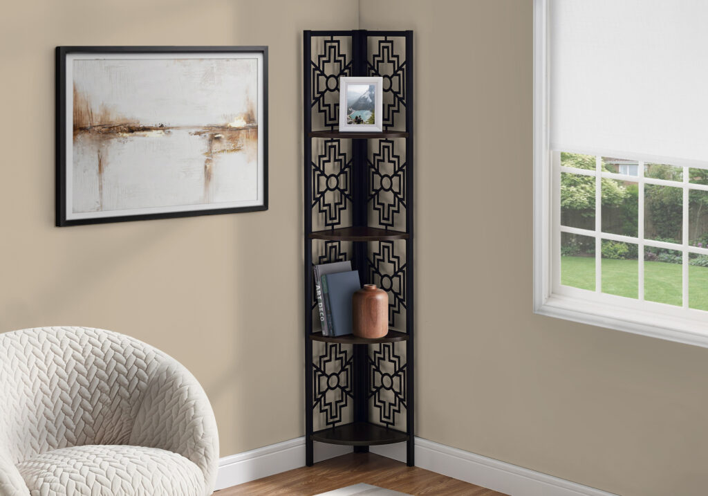 Bookshelf, Bookcase, Etagere, Corner, 4 Tier, 62″H, Office, Bedroom, Brown Laminate, Black Metal, Transitional