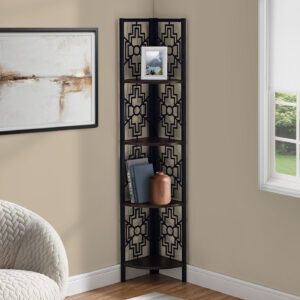 Bookshelf, Bookcase, Etagere, Corner, 4 Tier, 62"H, Office, Bedroom, Brown Laminate, Black Metal, Transitional