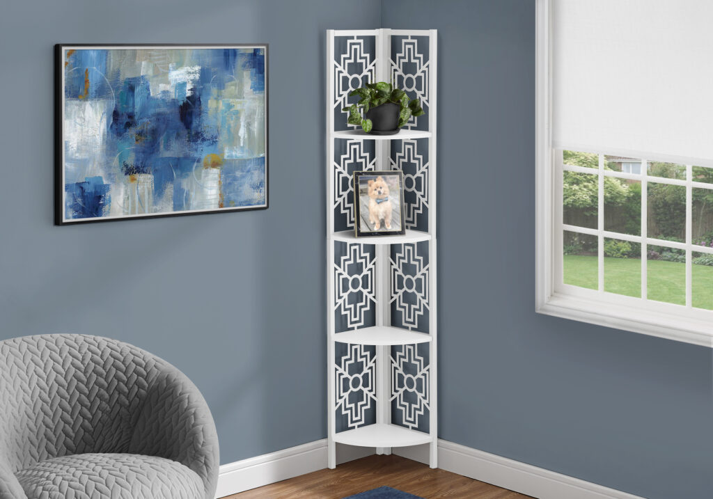 Bookshelf, Bookcase, Etagere, Corner, 4 Tier, 62″H, Office, Bedroom, White Laminate, White Metal, Transitional