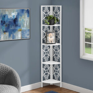 Bookshelf, Bookcase, Etagere, Corner, 4 Tier, 62"H, Office, Bedroom, White Laminate, White Metal, Transitional