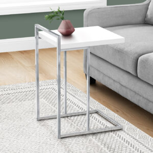 Accent Table, C-shaped, End, Side, Snack, Living Room, Bedroom, Glossy White Laminate, Chrome Metal, Contemporary, Modern
