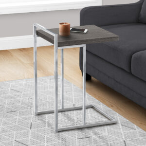 Accent Table, C-shaped, End, Side, Snack, Living Room, Bedroom, Grey Laminate, Chrome Metal, Contemporary, Modern