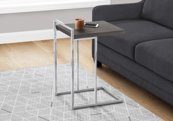 Accent Table, C-shaped, End, Side, Snack, Living Room, Bedroom, Grey Laminate, Chrome Metal, Contemporary, Modern