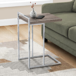 Accent Table, C-shaped, End, Side, Snack, Living Room, Bedroom, Brown Laminate, Chrome Metal, Contemporary, Modern
