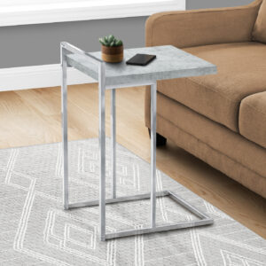 Accent Table, C-shaped, End, Side, Snack, Living Room, Bedroom, Grey Laminate, Chrome Metal, Contemporary, Modern