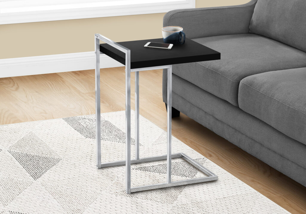 Accent Table, C-shaped, End, Side, Snack, Living Room, Bedroom, Black Laminate, Chrome Metal, Contemporary, Modern