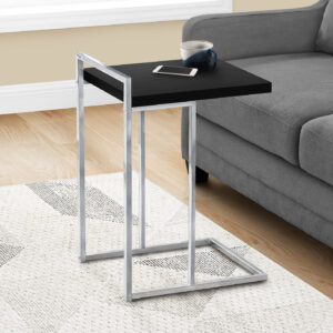 Accent Table, C-shaped, End, Side, Snack, Living Room, Bedroom, Black Laminate, Chrome Metal, Contemporary, Modern