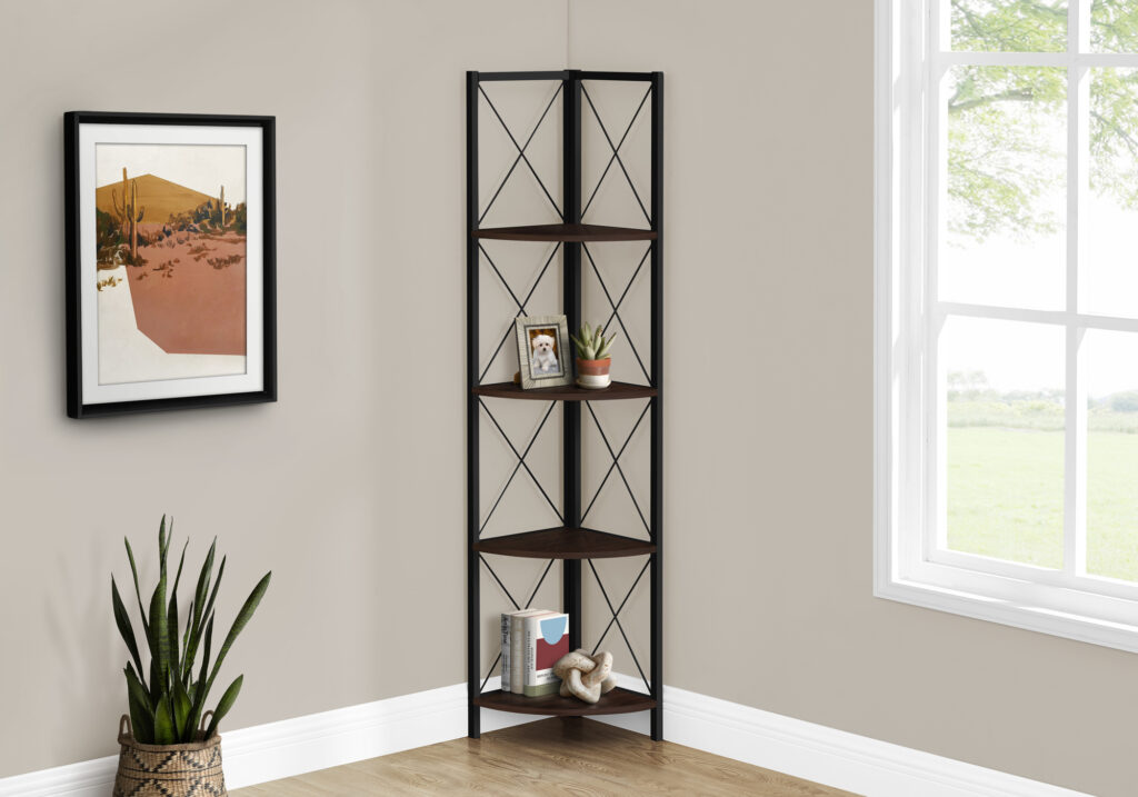 Bookshelf, Bookcase, Etagere, Corner, 4 Tier, 60″H, Office, Bedroom, Brown Laminate, Black Metal, Contemporary, Modern