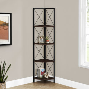 Bookshelf, Bookcase, Etagere, Corner, 4 Tier, 60"H, Office, Bedroom, Brown Laminate, Black Metal, Contemporary, Modern