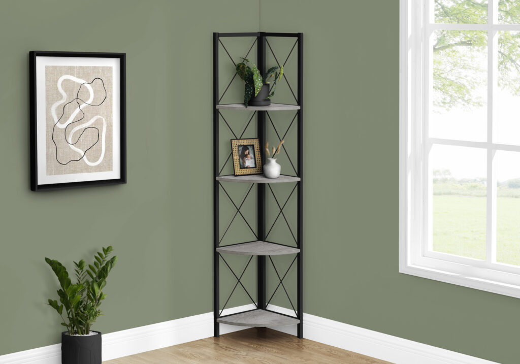 Bookshelf, Bookcase, Etagere, Corner, 4 Tier, 60″H, Office, Bedroom, Grey Laminate, Black Metal, Contemporary, Modern