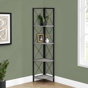 Bookshelf, Bookcase, Etagere, Corner, 4 Tier, 60"H, Office, Bedroom, Grey Laminate, Black Metal, Contemporary, Modern