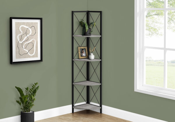 Bookshelf, Bookcase, Etagere, Corner, 4 Tier, 60″H, Office, Bedroom, Grey Laminate, Black Metal, Contemporary, Modern