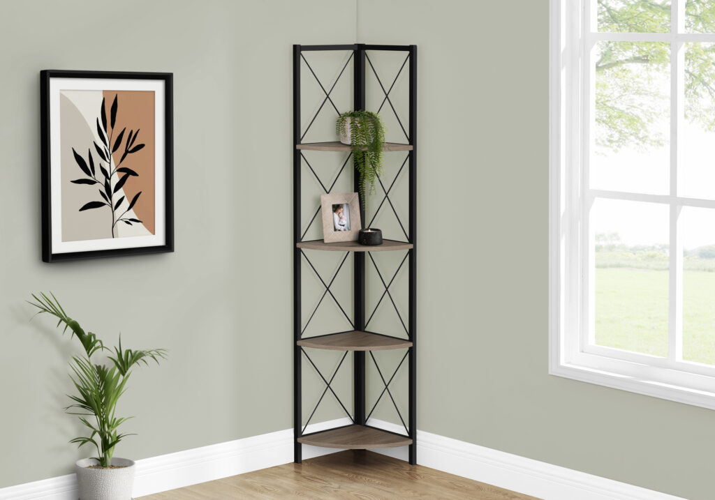 Bookshelf, Bookcase, Etagere, Corner, 4 Tier, 60″H, Office, Bedroom, Brown Laminate, Black Metal, Contemporary, Modern