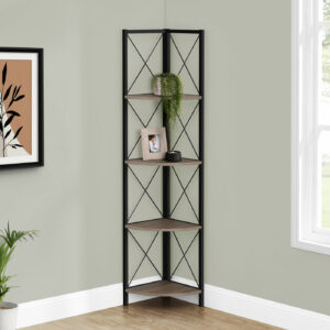 Bookshelf, Bookcase, Etagere, Corner, 4 Tier, 60"H, Office, Bedroom, Brown Laminate, Black Metal, Contemporary, Modern