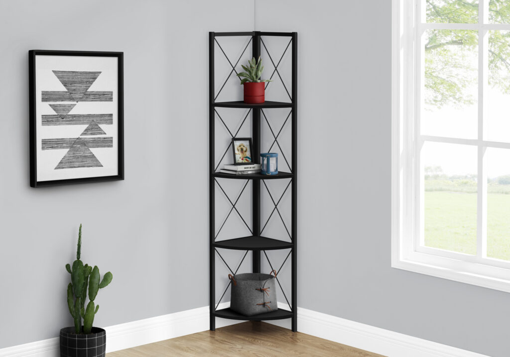 Bookshelf, Bookcase, Etagere, Corner, 4 Tier, 60″H, Office, Bedroom, Black Laminate, Black Metal, Contemporary, Modern