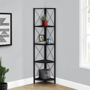 Bookshelf, Bookcase, Etagere, Corner, 4 Tier, 60"H, Office, Bedroom, Black Laminate, Black Metal, Contemporary, Modern