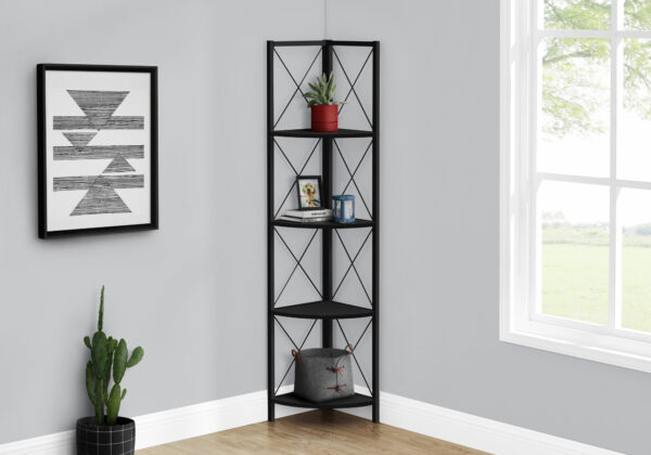 Bookshelf, Bookcase, Etagere, Corner, 4 Tier, 60″H, Office, Bedroom, Black Laminate, Black Metal, Contemporary, Modern