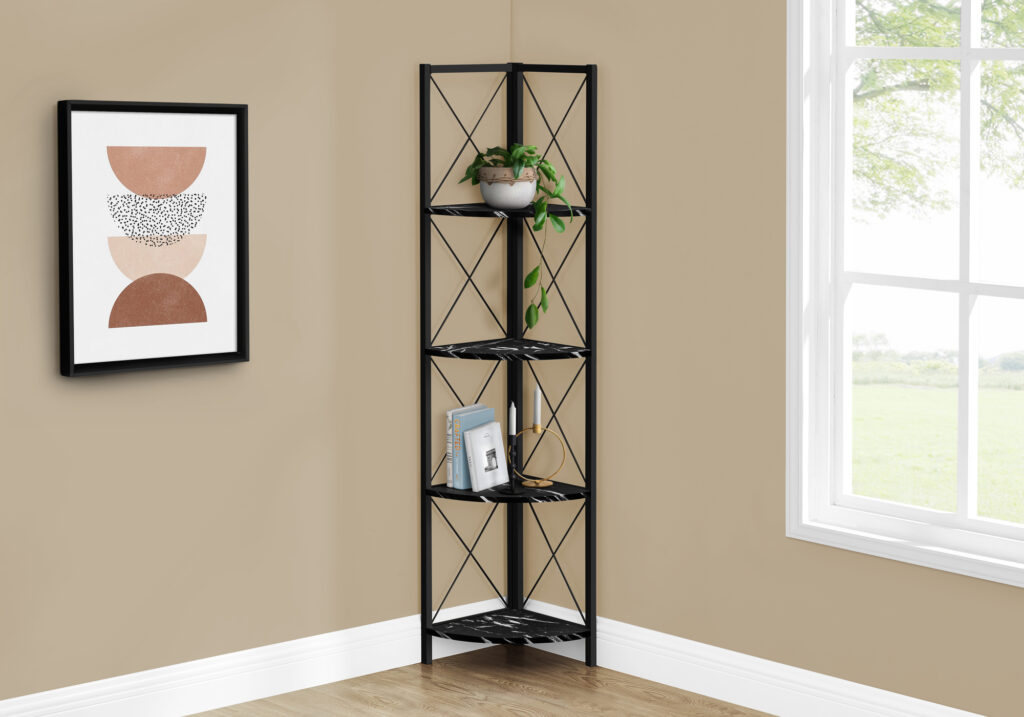 Bookshelf, Bookcase, Etagere, Corner, 4 Tier, 60″H, Office, Bedroom, Black Marble Look Laminate, Black Metal, Contemporary, Modern