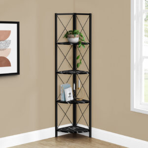 Bookshelf, Bookcase, Etagere, Corner, 4 Tier, 60"H, Office, Bedroom, Black Marble Look Laminate, Black Metal, Contemporary, Modern