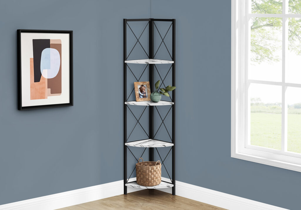 Bookshelf, Bookcase, Etagere, Corner, 4 Tier, 60″H, Office, Bedroom, White Marble Look Laminate, Black Metal, Contemporary, Modern