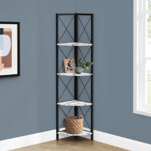 Bookshelf, Bookcase, Etagere, Corner, 4 Tier, 60"H, Office, Bedroom, White Marble Look Laminate, Black Metal, Contemporary, Modern