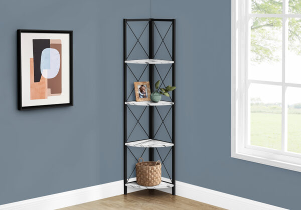 Bookshelf, Bookcase, Etagere, Corner, 4 Tier, 60″H, Office, Bedroom, White Marble Look Laminate, Black Metal, Contemporary, Modern
