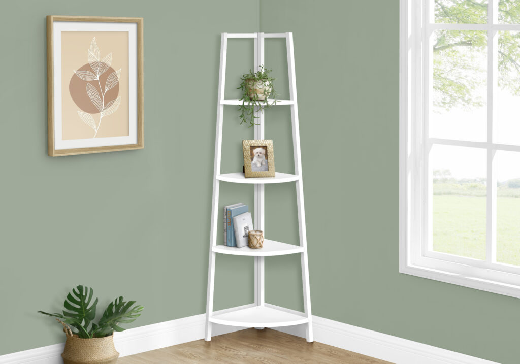 Bookshelf, Bookcase, Etagere, Corner, 4 Tier, 60″H, Office, Bedroom, White Laminate, White Metal, Contemporary, Modern