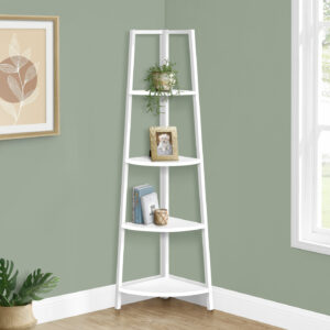 Bookshelf, Bookcase, Etagere, Corner, 4 Tier, 60"H, Office, Bedroom, White Laminate, White Metal, Contemporary, Modern
