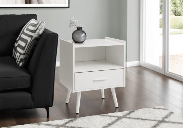 Accent Table, Side Table, End, Storage Drawer, Nightstand, Bedroom, Living Room, White Laminate, Contemporary, Modern